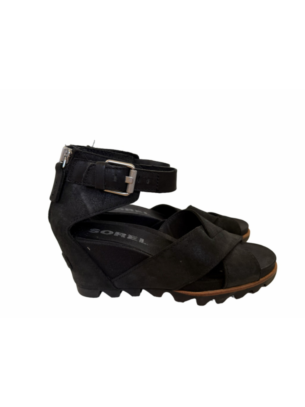 Sorel Joanie II Black Leather Ankle Strap Wedge Sandals Women’s Size 7